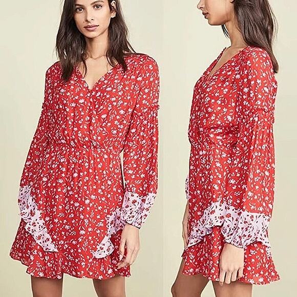 Parker Shona Silk Red Floral Ruffle V-neck Long Sleeve Wrap Mini A-line Dress L - Picture 1 of 8